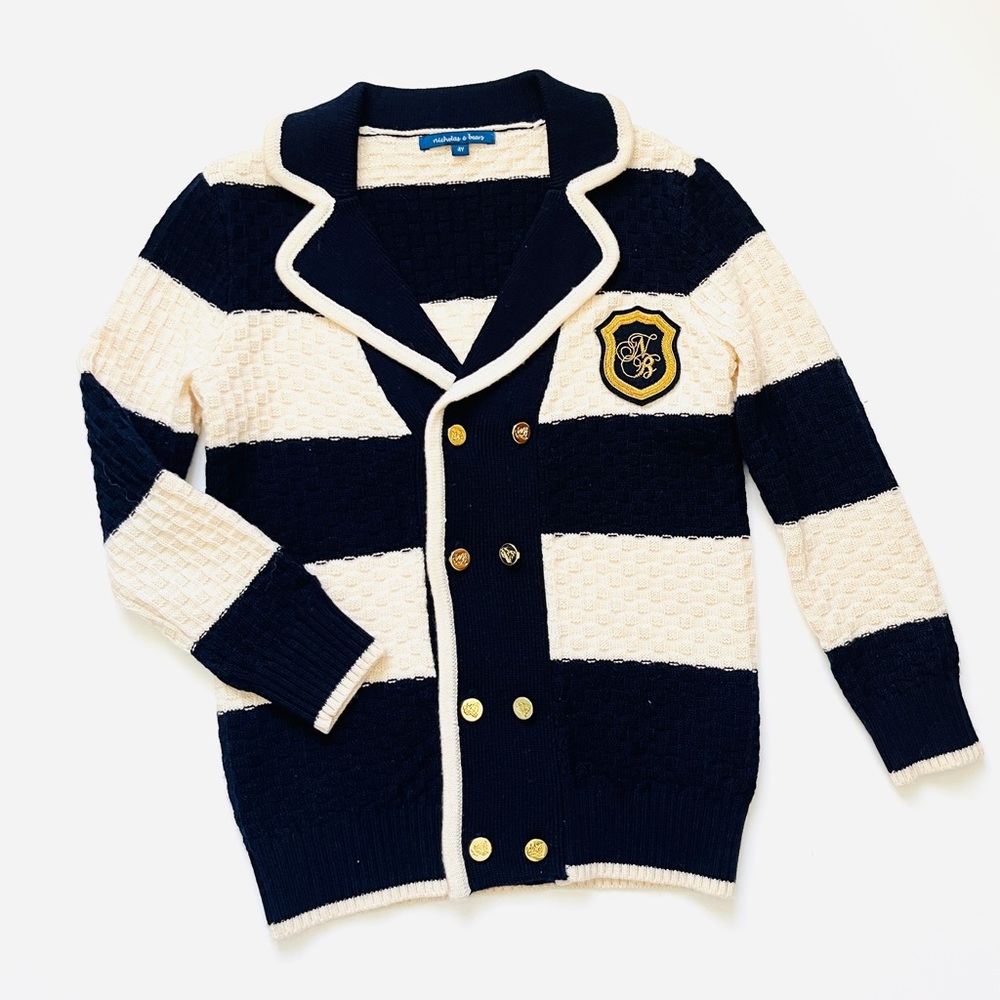 NICHOLAS & BEARS cardigan kids 100% wool double breasted navy blue striped